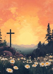 Christian cross in field. A beautiful concert landscape poster design background for a Christian easter concert, featuring color, the cross