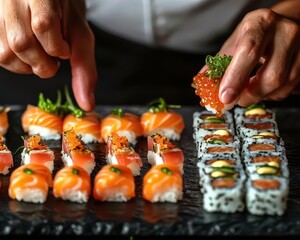 Sushi making, vibrant rolls, culinary art, traditional techniques