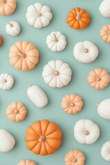 A beautiful pattern with pumpkins, in a muted teal background. 3d minimal render top view