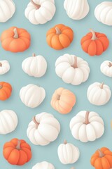 A beautiful pattern with pumpkins, in a muted teal background. 3d minimal render top view