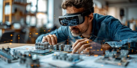 Engineer using augmented reality glasses to work on a 3D model of a city, demonstrating advanced technology, innovation, and futuristic design in urban planning