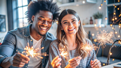 Young couple with sparklers celebrating new year or christmas at home