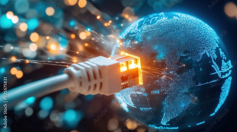 Aufkleber a close-up of a network cable connected to a globe, symbolizing the physical infrastructure of globa
