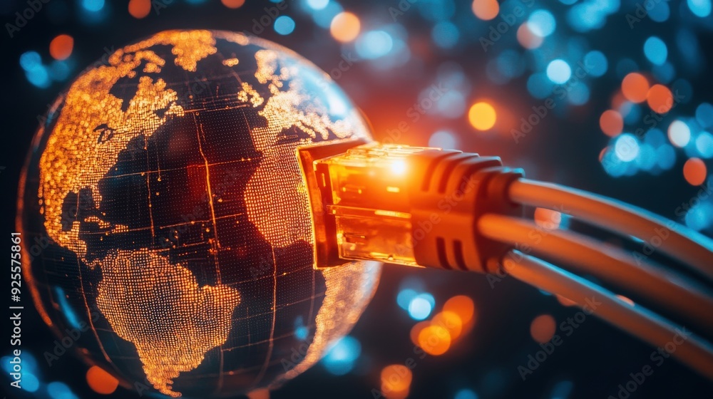 Aufkleber a close-up of a network cable connected to a globe, symbolizing the physical infrastructure of globa