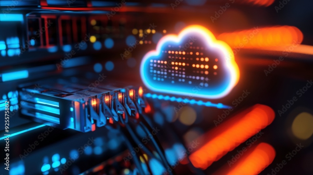 Aufkleber a close-up of a network cable connected to a server with a glowing cloud icon, symbolizing the physi