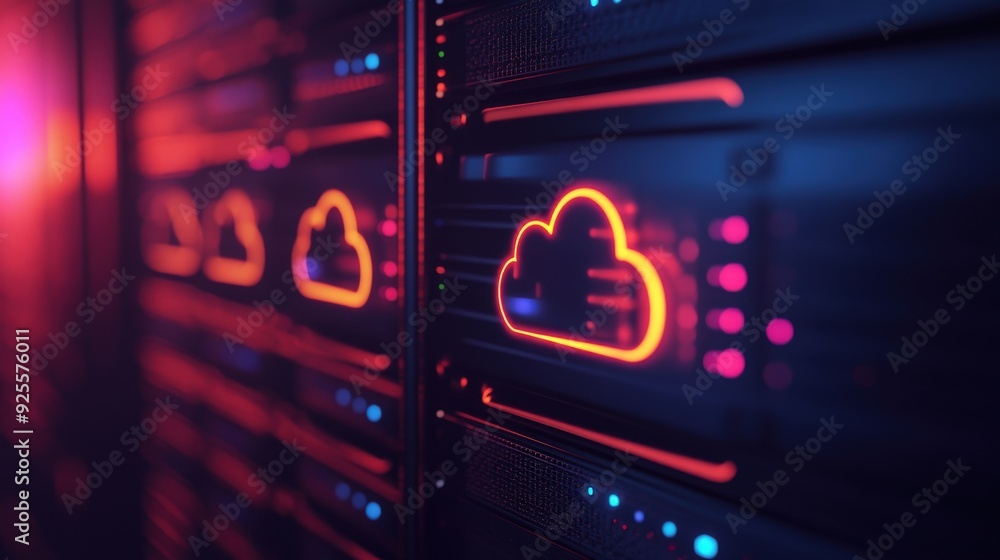 Poster a close-up of a server rack with a glowing cloud icon, representing the physical infrastructure of c