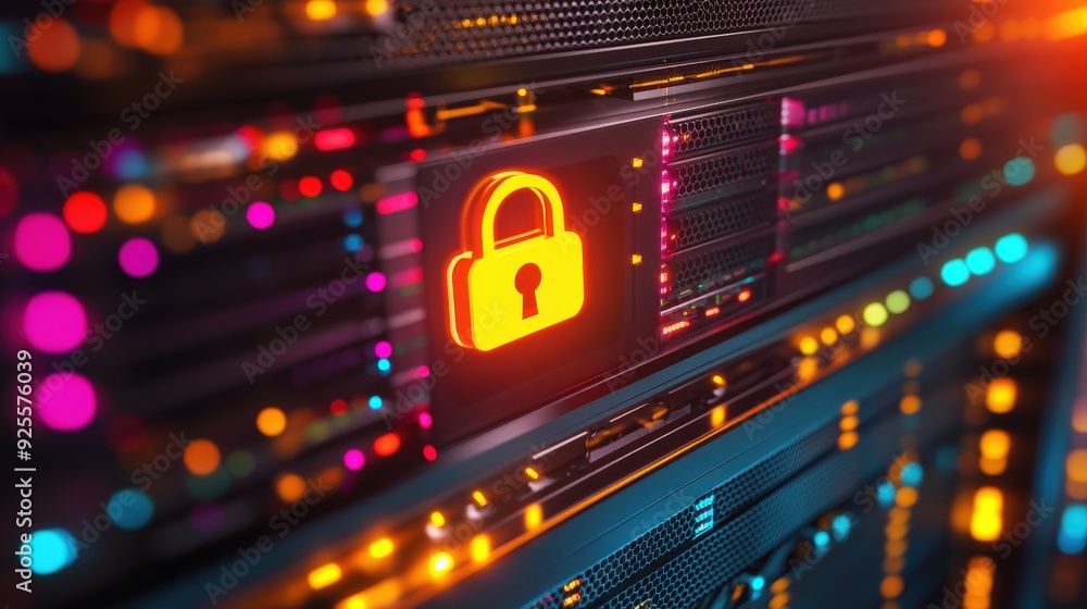 Poster a close-up of a server rack with a glowing padlock icon, symbolizing the security measures in cloud 