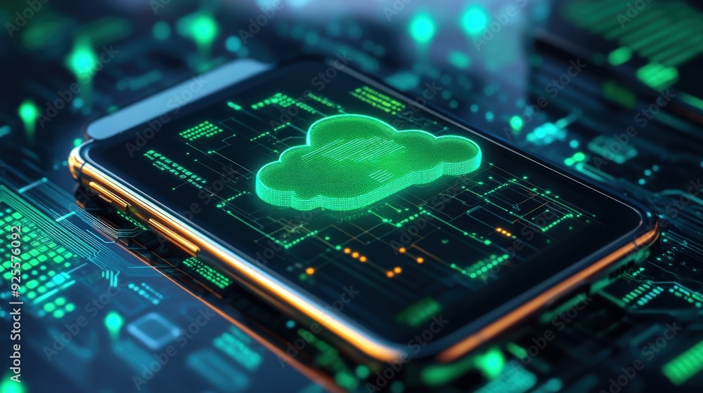 Poster a close-up of a smartphone screen displaying green cloud server tools, surrounded by digital data li