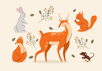 Set of images of forest animals. Deer, squirrel, fox, hare, mouse. Flat vector illustration.