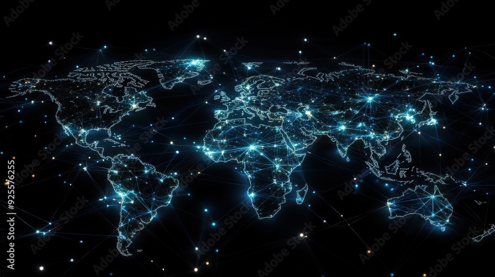 Poster a digital network map with global nodes and connections, representing the worldwide reach of modern 
