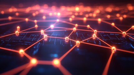 Fototapeta premium A digital network diagram with interconnected nodes and glowing lines, symbolizing the complexity and efficiency of network technology.