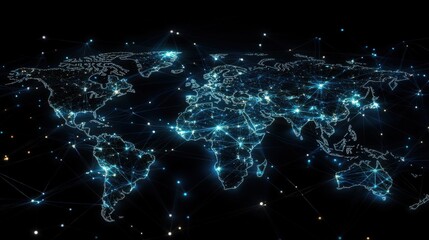 A digital network map with global nodes and connections, representing the worldwide reach of modern network technology.