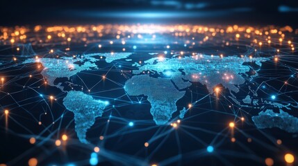 A digital network map with global nodes and connections, representing the worldwide reach of modern network technology.