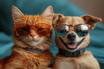 surreal portrait of grinning cat and laughing dog wearing mirrored sunglasses vibrant blue backdrop pop art style with bold outlines