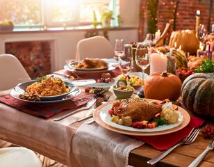 Family dinner table for Thanksgiving Day with turkey, pumpkins, and autumn decorations