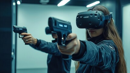 A woman wearing a VR headset practices shooting with a handgun in a modern training environment.
