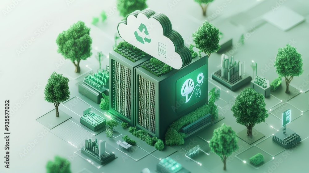 Poster a digital rendering of a cloud server surrounded by eco-friendly symbols, representing the commitmen