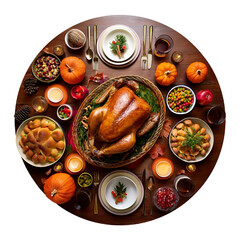 Thanksgiving table, round table with roasted turkey in the center, food, and elements used for Thanksgiving Day