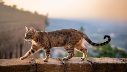  A cat walking along a narrow ledge, its body in perfect balance, with the background softly 