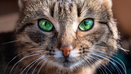  A close-up of a cat's face with piercing green eyes and soft whiskers, set against a softly 