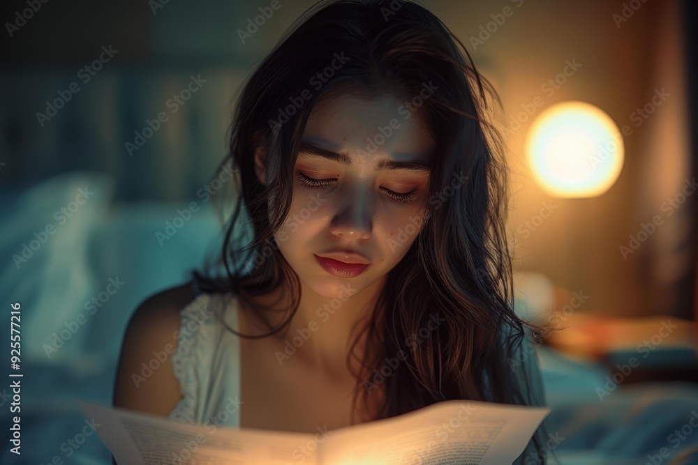 Canvas Prints A woman reads a book in bed. AI.