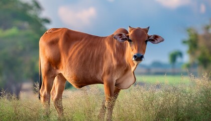 A portrait of a large, gentle brown cow with soulful eyes, standing in a meadow. The distant