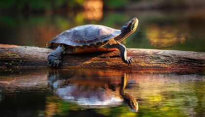 Obraz premium A turtle resting on a smooth log in a tranquil pond, its reflection mirrored perfectly in th 