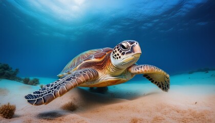 Obraz premium A turtle swimming close to the ocean floor, its flippers gently stirring up sand, with the b