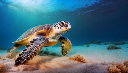 Fototapeta premium A turtle swimming close to the ocean floor, its flippers gently stirring up sand, with the b