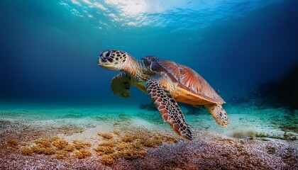 Obraz premium A turtle swimming close to the ocean floor, its flippers gently stirring up sand, with the b