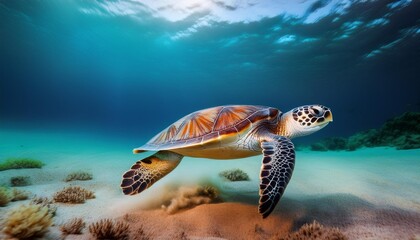 Obraz premium A turtle swimming close to the ocean floor, its flippers gently stirring up sand, with the b