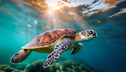 Obraz premium Close-up of a sea turtle gracefully swimming underwater, its intricate shell patterns illumi