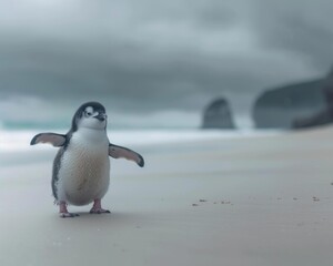 Fototapeta premium A small penguin stands on a sandy beach. AI.