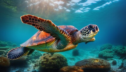 Side view of a majestic sea turtle gliding through the open ocean, its flippers outstretched 