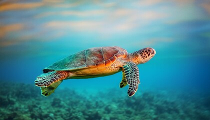 Side view of a majestic sea turtle gliding through the open ocean, its flippers outstretched 