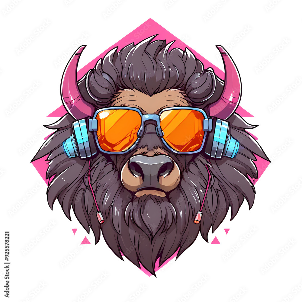 Wall mural a cartoon buffalo wearing sunglasses and headphones