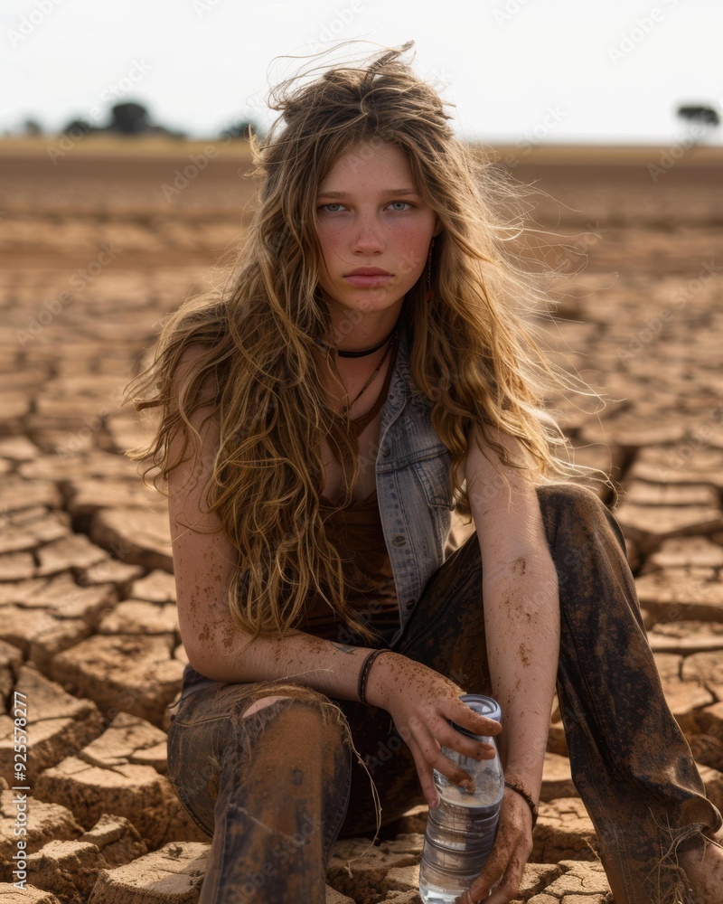 Canvas Prints A woman sits on dry, cracked earth, holding a water bottle. AI.