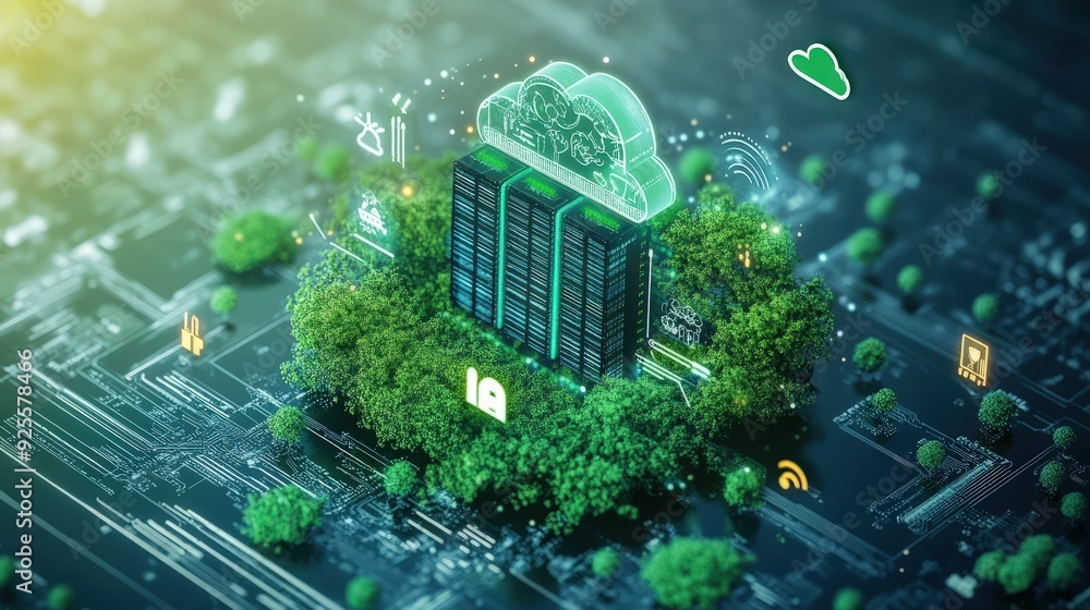 Poster a digital rendering of a cloud server surrounded by eco-friendly symbols, representing the commitmen