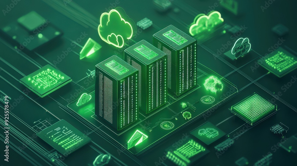 Poster a digital rendering of a cloud server surrounded by eco-friendly symbols, representing the commitmen