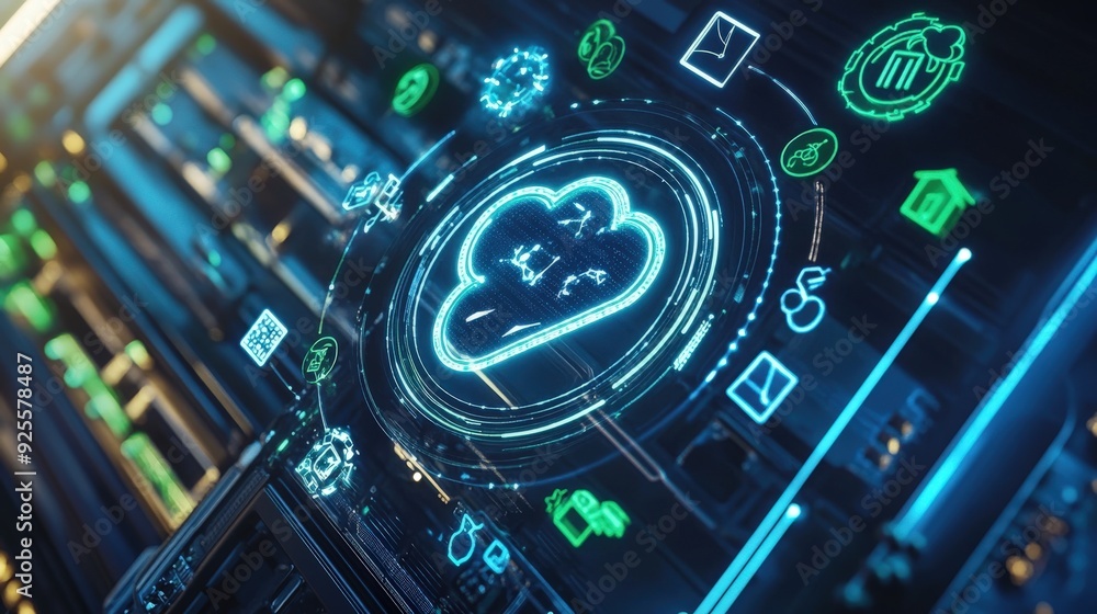 Poster a digital rendering of a cloud server surrounded by eco-friendly symbols, representing the commitmen