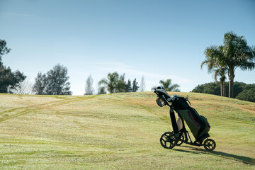 Obraz premium A hand cart bag with golf clubs on a golf course with morning dew.