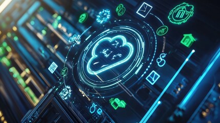 A digital rendering of a cloud server surrounded by eco-friendly symbols, representing the commitment to sustainability.
