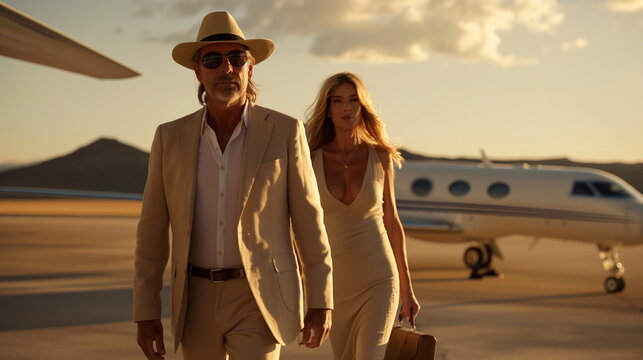 Stylish couple walking away from a private jet during sunset. Perfect for luxury brand promotions, travel campaigns, and fashion advertising. Mocha Mousse — color of the year 2025