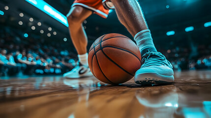 A basketball player poised to make a move on the court.