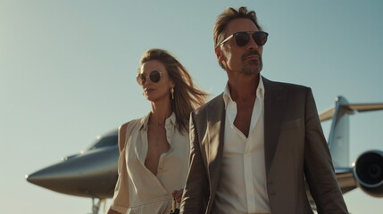 Stylish couple walking away from a private jet during sunset. Perfect for luxury brand promotions, travel campaigns, and fashion advertising