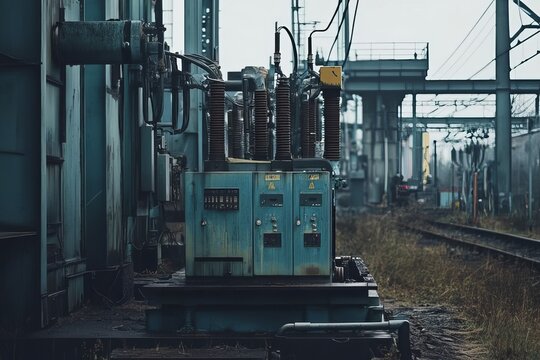 A transformer at an electrical substation. Transmission of electricity.