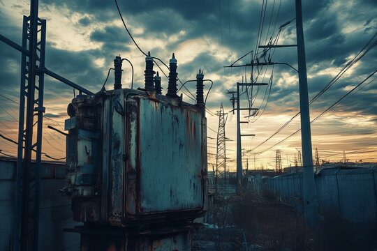 A transformer at an electrical substation. Transmission of electricity.