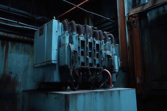 A transformer at an electrical substation. Transmission of electricity.
