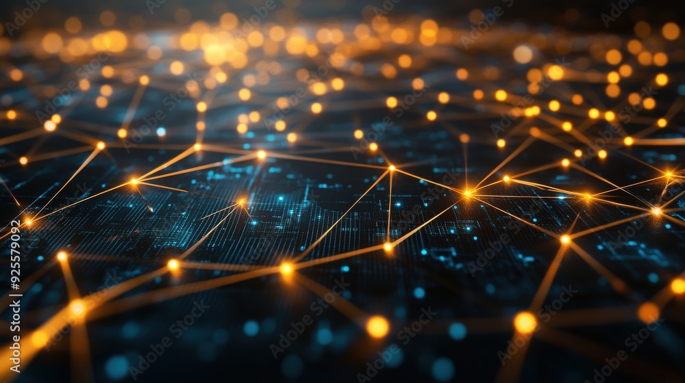 Poster a digital rendering of a futuristic technology network, with glowing connections representing data f