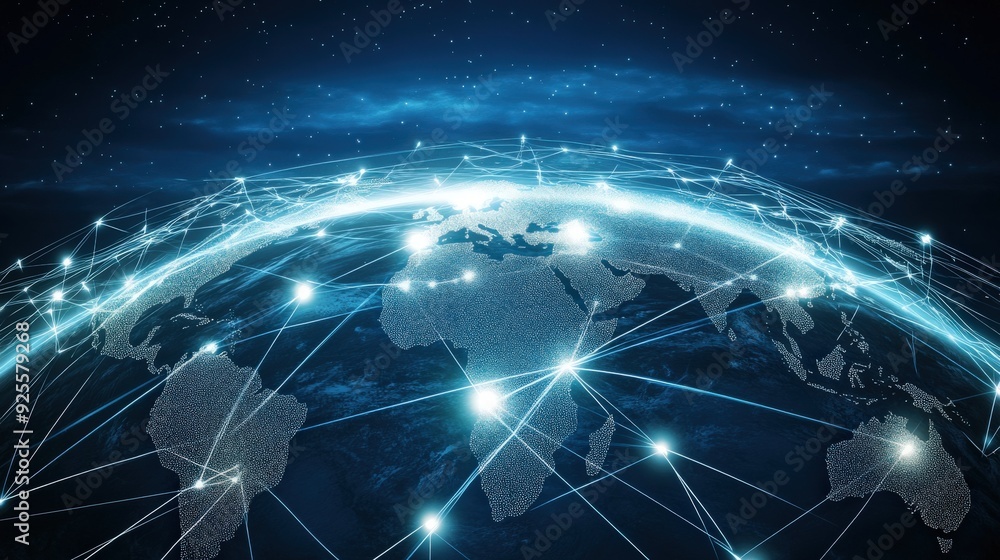 Poster a digital rendering of a global network with glowing lines connecting continents, symbolizing the va